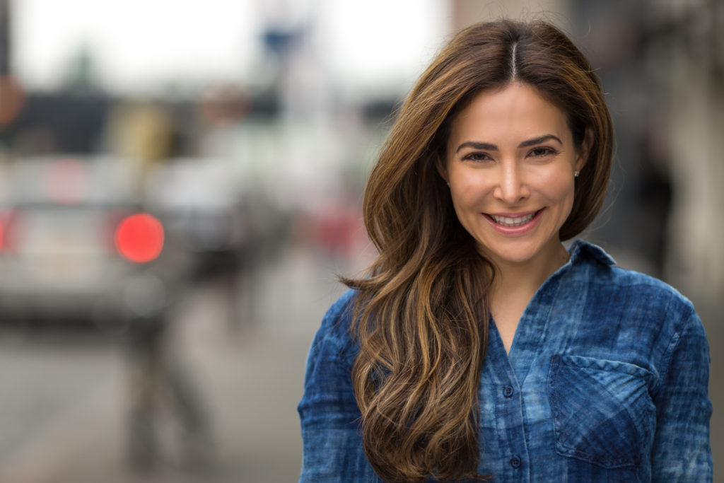 Young hispanic caucasian woman smile happy face portrait - Kellum ...